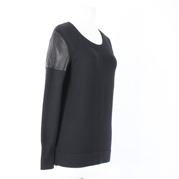 Skaist Taylor Sz S Black Leather Shoulder Knit Round Neck 100% Wool Lamb Sweater