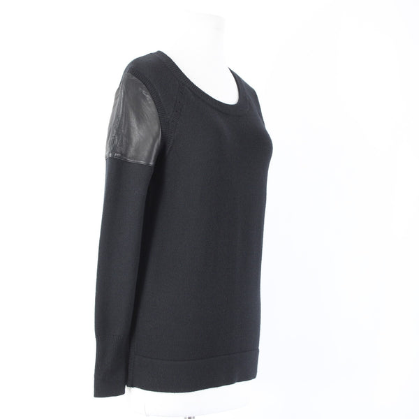 Skaist Taylor Sz S Black Leather Shoulder Knit Round Neck 100% Wool Lamb Sweater