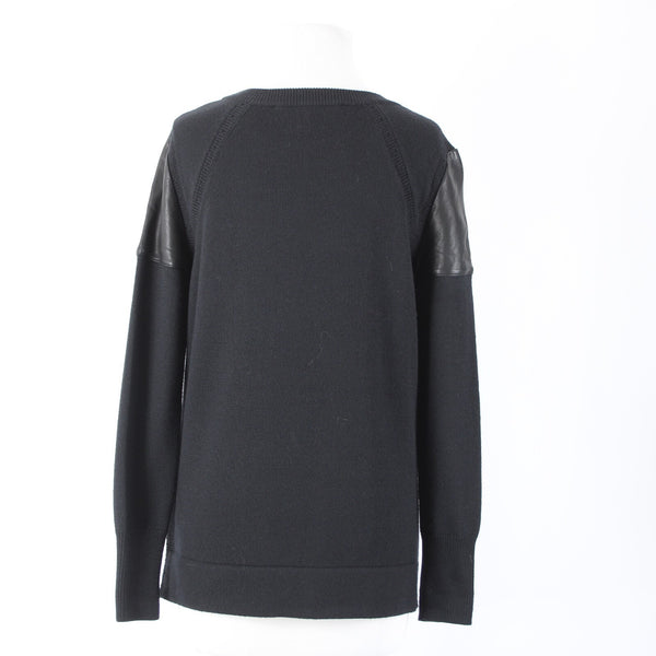 Skaist Taylor Sz S Black Leather Shoulder Knit Round Neck 100% Wool Lamb Sweater