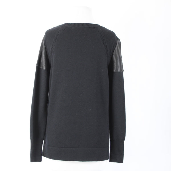 Skaist Taylor Sz S Black Leather Shoulder Knit Round Neck 100% Wool Lamb Sweater