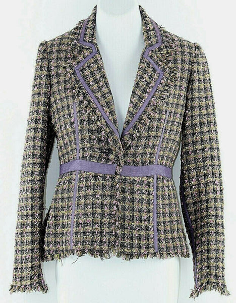 True Meaning Sz 0 Green Purple Plaid Tweed Acrylic Polyester Rayon Jacket