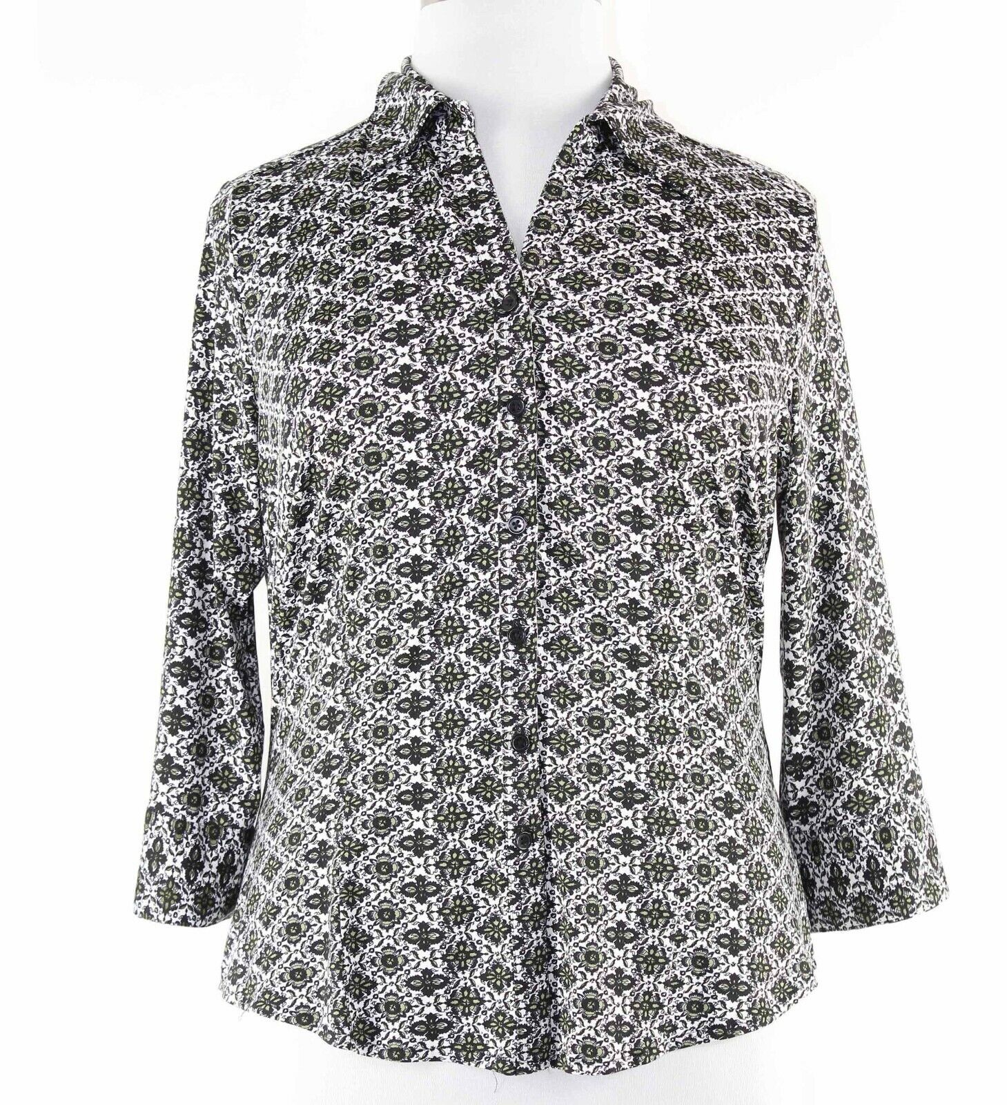 Essentials Sz XL Black Lime Green Multi Print Button Up Poly Spdx Shirt Top