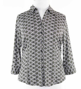 Essentials Sz XL Black Lime Green Multi Print Button Up Poly Spdx Shirt Top
