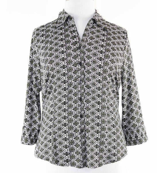 Essentials Sz XL Black Lime Green Multi Print Button Up Poly Spdx Shirt Top