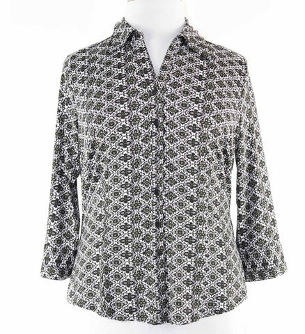 Essentials Sz XL Black Lime Green Multi Print Button Up Poly Spdx Shirt Top