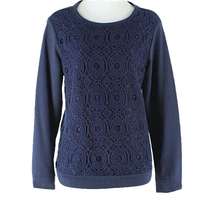 Coldwater Creek Sz L 14 Navy Blue Lace Overlay Nylon Cotton Polyester Sweater