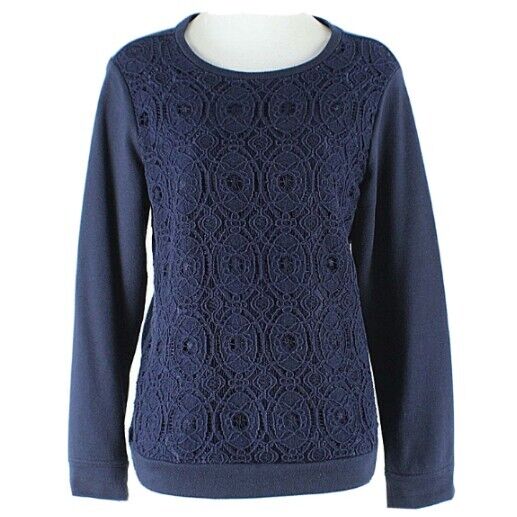 Coldwater Creek Sz L 14 Navy Blue Lace Overlay Nylon Cotton Polyester Sweater