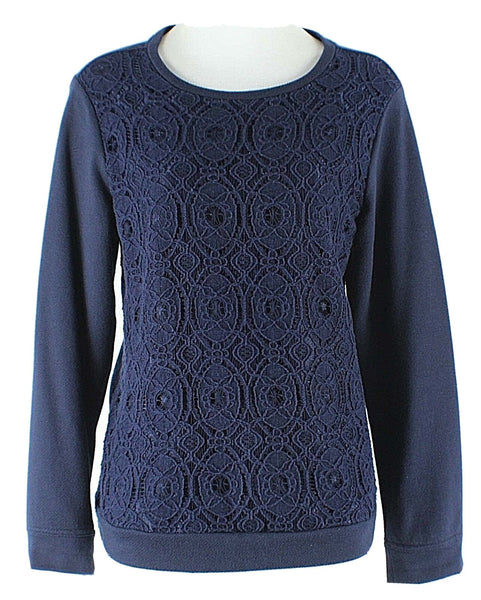 Coldwater Creek Sz L 14 Navy Blue Lace Overlay Nylon Cotton Polyester Sweater