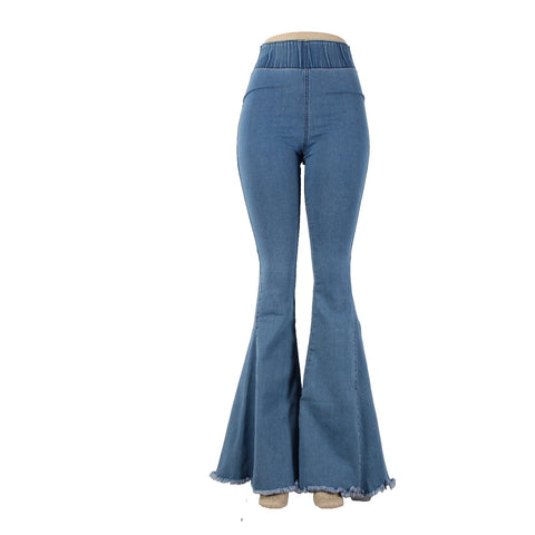 Three Bird Nest Sz XS x 36 Blue Denim Elastic Flare Raw Edge Cotton Poly Jeans