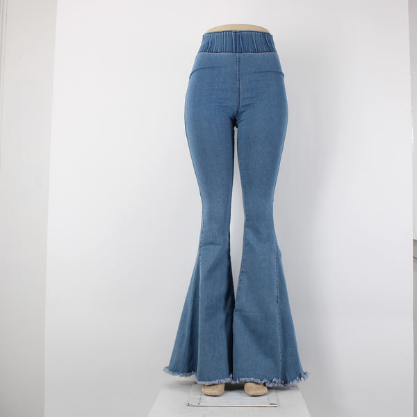 Three Bird Nest Sz XS x 36 Blue Denim Elastic Flare Raw Edge Cotton Poly Jeans