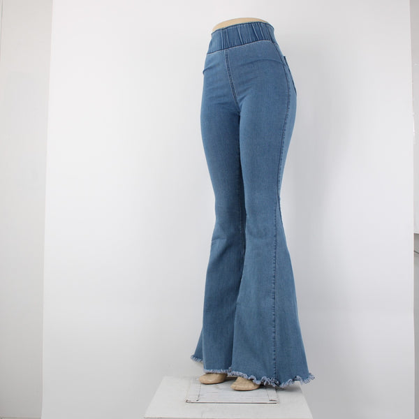 Three Bird Nest Sz XS x 36 Blue Denim Elastic Flare Raw Edge Cotton Poly Jeans
