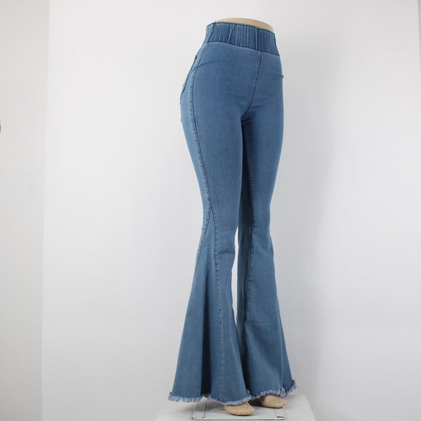 Three Bird Nest Sz XS x 36 Blue Denim Elastic Flare Raw Edge Cotton Poly Jeans