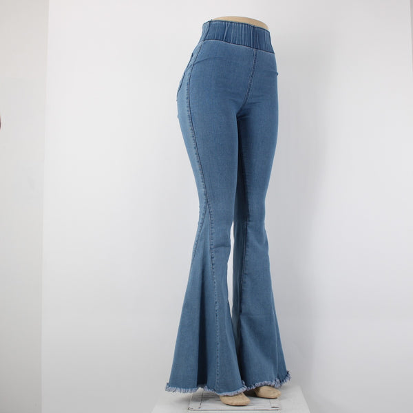 Three Bird Nest Sz XS x 36 Blue Denim Elastic Flare Raw Edge Cotton Poly Jeans