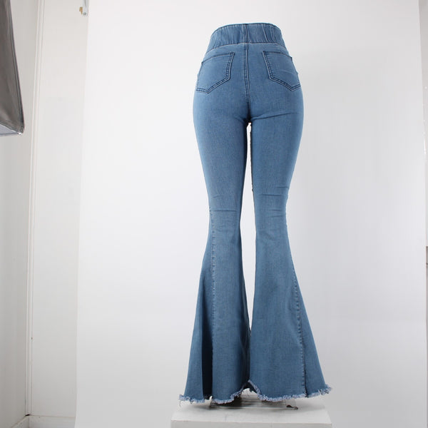 Three Bird Nest Sz XS x 36 Blue Denim Elastic Flare Raw Edge Cotton Poly Jeans