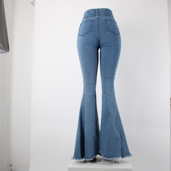 Three Bird Nest Sz XS x 36 Blue Denim Elastic Flare Raw Edge Cotton Poly Jeans