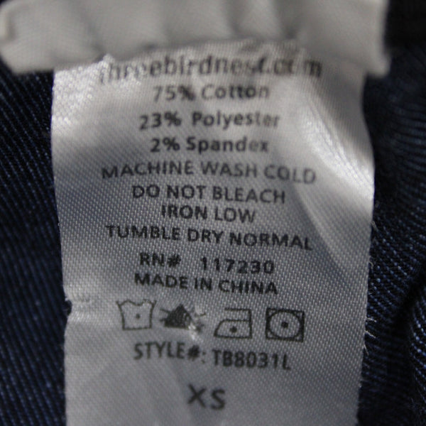 Three Bird Nest Sz XS x 36 Blue Denim Elastic Flare Raw Edge Cotton Poly Jeans