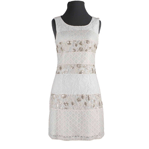A Reve NEW $119 Sz S Cream Tan Gold Lace Sequin Lined Cotton Acrylic Dress