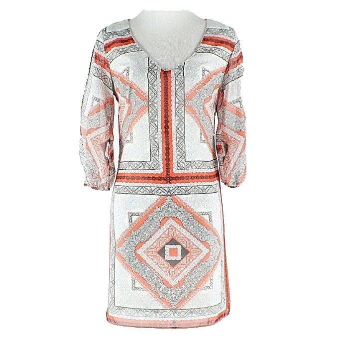 Bisou Bisou Sz 4 Grey White Coral Open Back Polyester Jersey Lined Dress