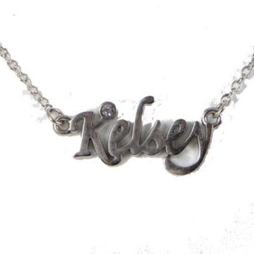 KELSEY Name Silvertone Rhinestone 14.5" w 4.5" Multi Ring Ext Necklace