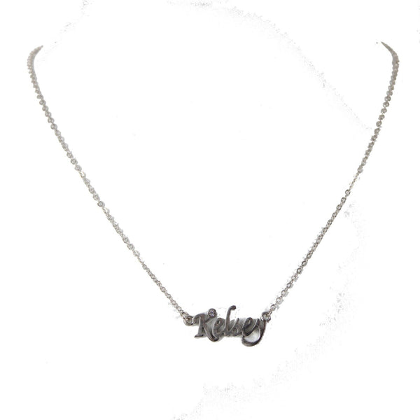 KELSEY Name Silvertone Rhinestone 14.5" w 4.5" Multi Ring Ext Necklace