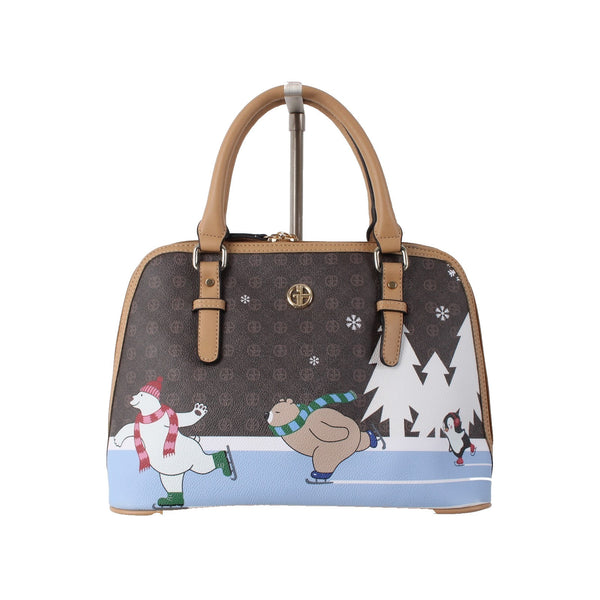 Giani Bernini Purse 14 x 9 x 5 Brown White Multi Color Ice Skating Animals Purse