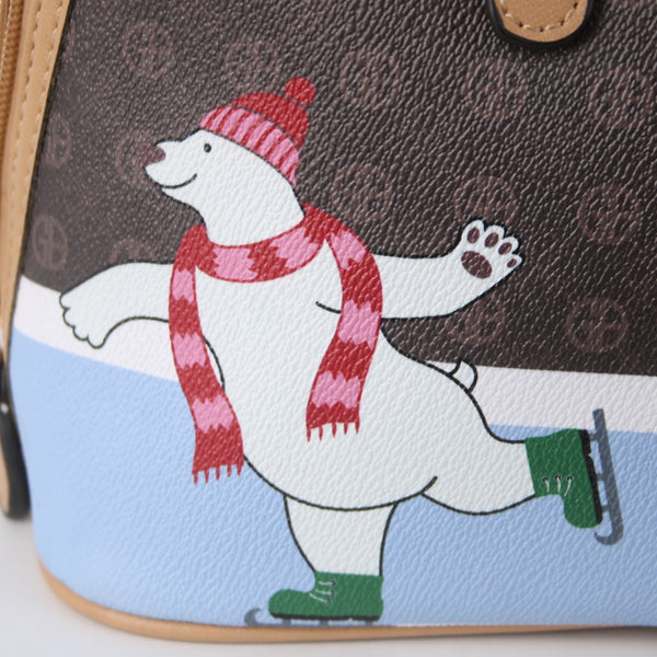Giani Bernini Purse 14 x 9 x 5 Brown White Multi Color Ice Skating Animals Purse