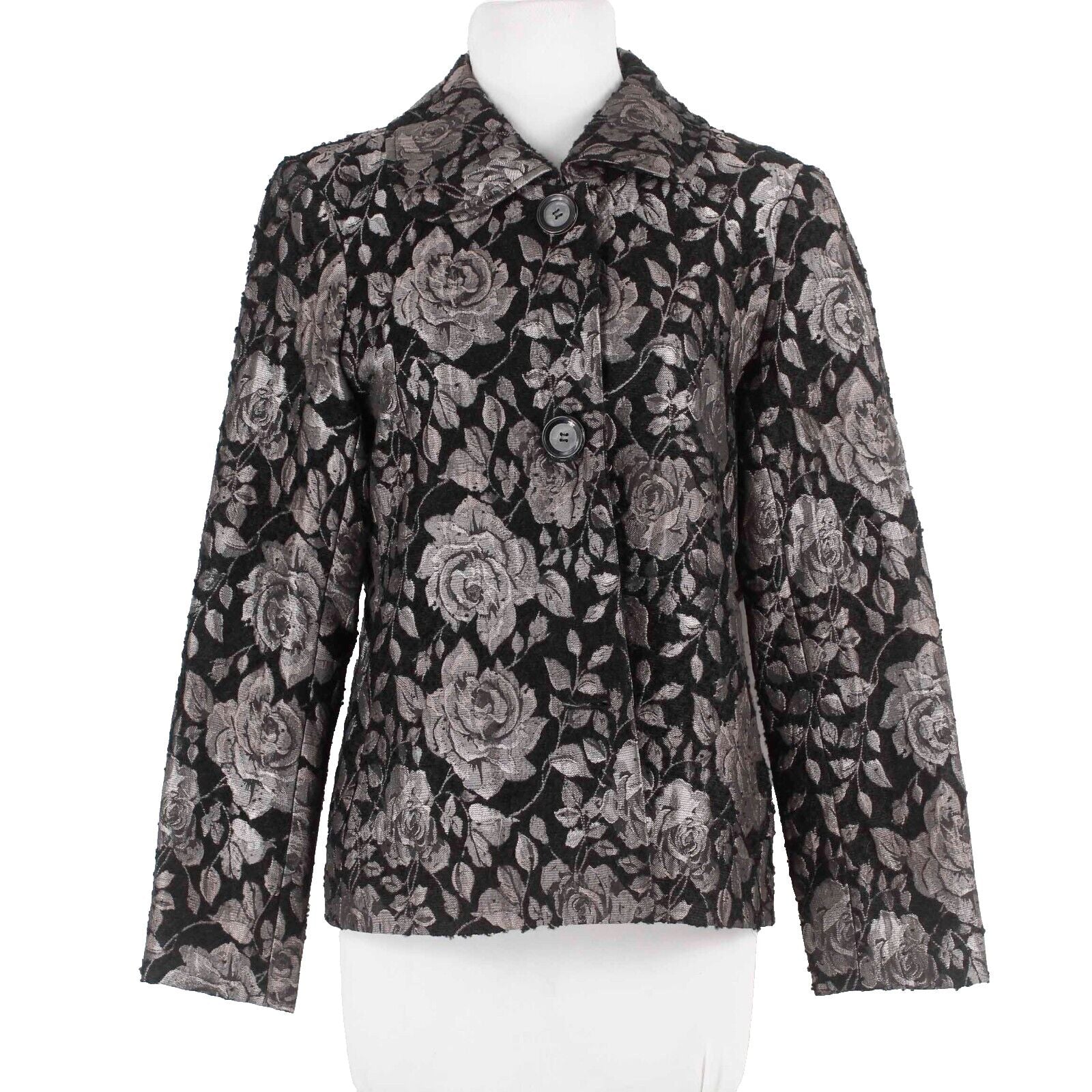 Harve Benard Sz 10 Black Taupe Brocade Collared Lined Polyester Acrylic Jacket