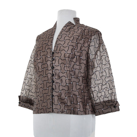 JR Nites NEW $108 Sz 18 Brown Black Sequin Sheer Mesh V Neck Polyester Nylon Top