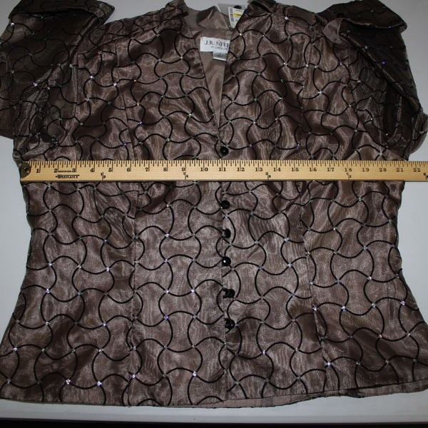 JR Nites NEW $108 Sz 18 Brown Black Sequin Sheer Mesh V Neck Polyester Nylon Top