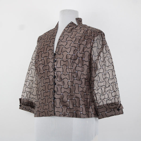 JR Nites NEW $108 Sz 18 Brown Black Sequin Sheer Mesh V Neck Polyester Nylon Top