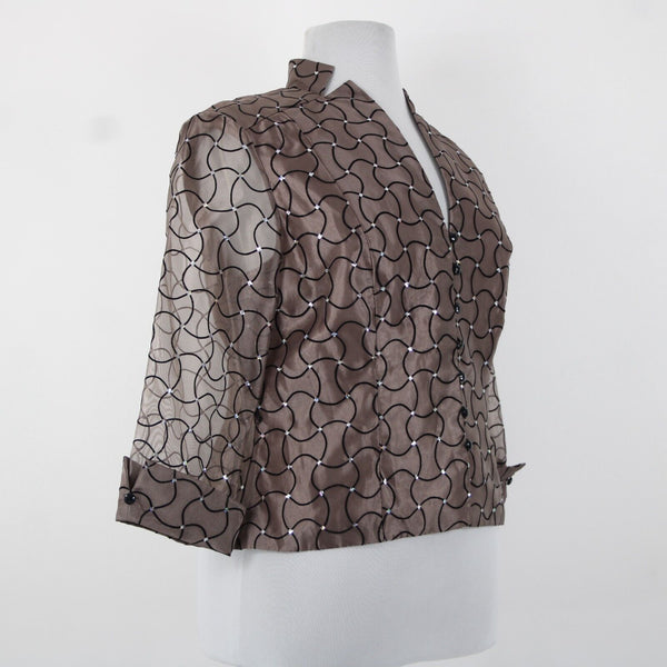 JR Nites NEW $108 Sz 18 Brown Black Sequin Sheer Mesh V Neck Polyester Nylon Top