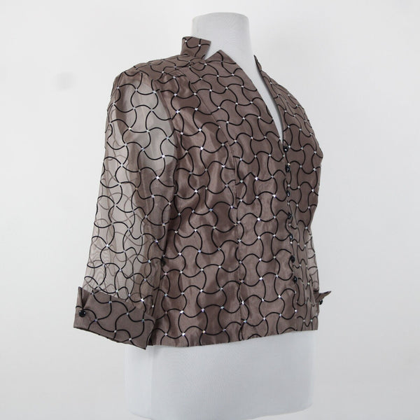 JR Nites NEW $108 Sz 18 Brown Black Sequin Sheer Mesh V Neck Polyester Nylon Top