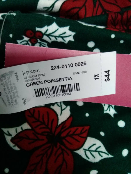 City Streets NEW $44 Sz 1XL Green Red Multi Poinsettia Poly Spandx Knit Dress