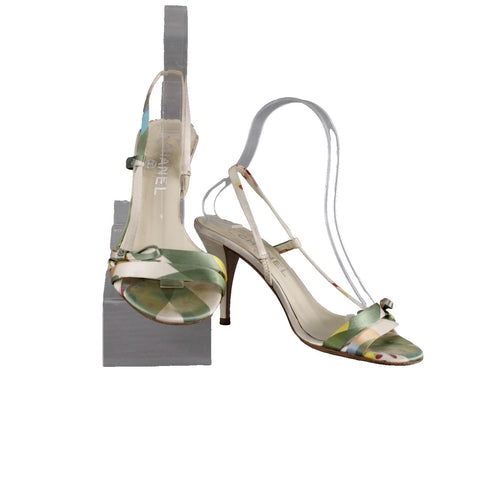 Chanel Heels Sz 36 Green White Multi Color Open Toe Ankle Strap 3" AS IS Heels