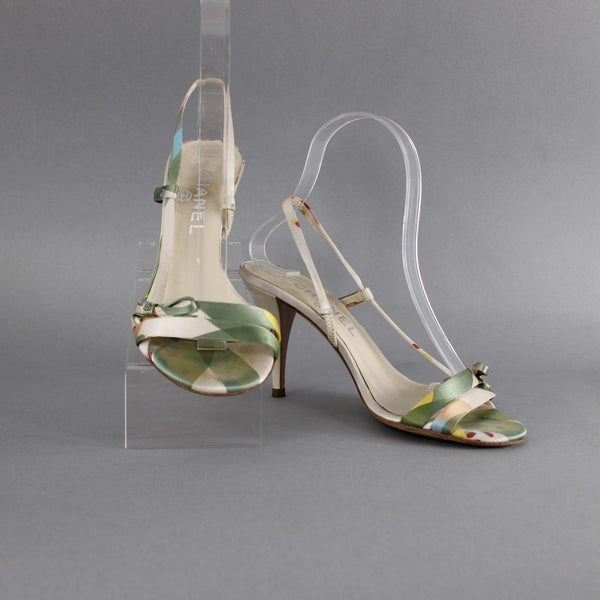 Chanel Heels Sz 36 Green White Multi Color Open Toe Ankle Strap 3" AS IS Heels