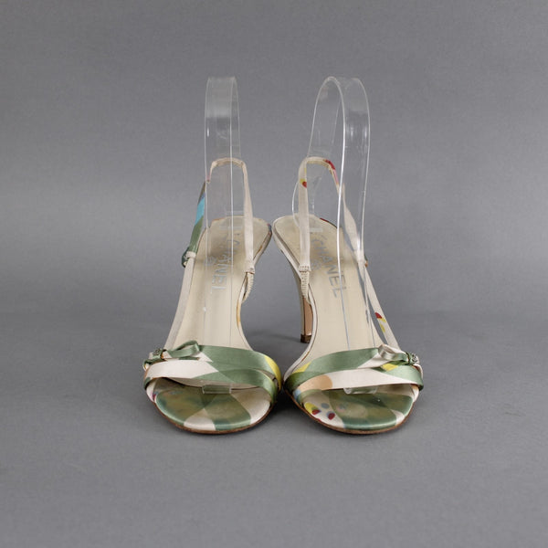 Chanel Heels Sz 36 Green White Multi Color Open Toe Ankle Strap 3" AS IS Heels