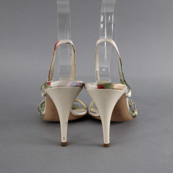 Chanel Heels Sz 36 Green White Multi Color Open Toe Ankle Strap 3" AS IS Heels