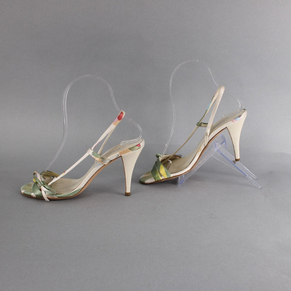 Chanel Heels Sz 36 Green White Multi Color Open Toe Ankle Strap 3" AS IS Heels