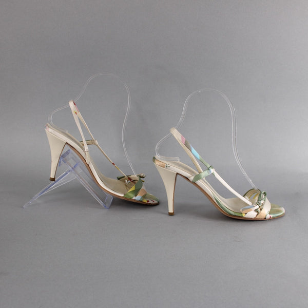 Chanel Heels Sz 36 Green White Multi Color Open Toe Ankle Strap 3" AS IS Heels