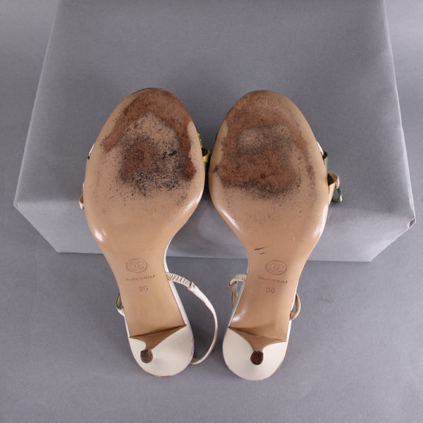 Chanel Heels Sz 36 Green White Multi Color Open Toe Ankle Strap 3" AS IS Heels