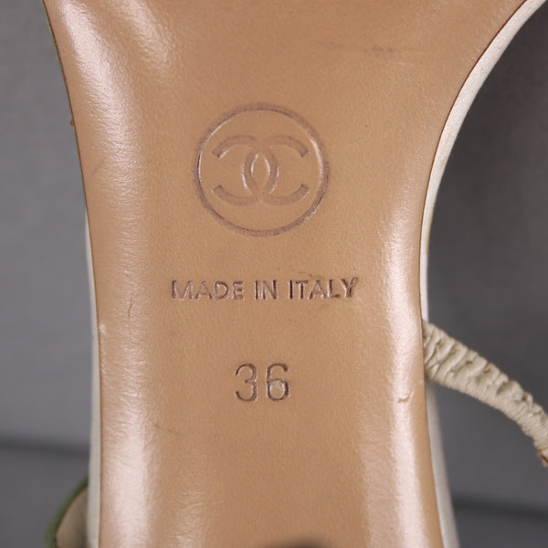 Chanel Heels Sz 36 Green White Multi Color Open Toe Ankle Strap 3" AS IS Heels