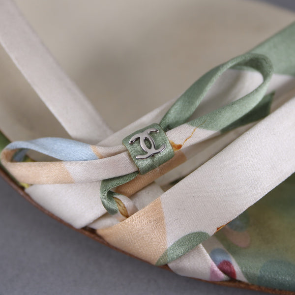 Chanel Heels Sz 36 Green White Multi Color Open Toe Ankle Strap 3" AS IS Heels