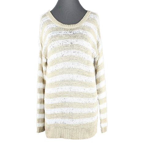 John & Jenn Sz S Tan White Loose Knit Pullover V Back Acrylic Blend Sweater