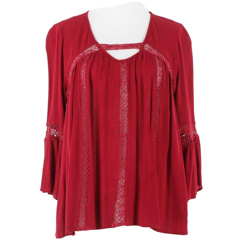 Entro Sz S Red Eyelet V Neck Asymmetrical Flowy Bohemian 100% Rayon Top