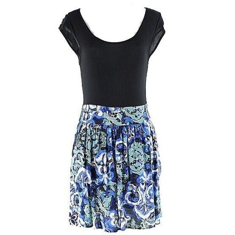 BeBop Sz M Black Blue Lime Multi Smocked Tiered Rayon Spandex Peplum Dress