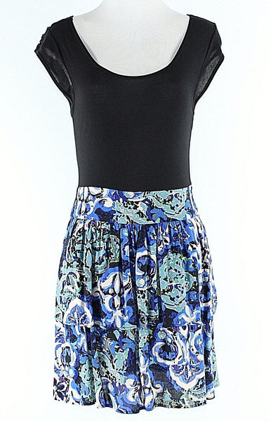 BeBop Sz M Black Blue Lime Multi Smocked Tiered Rayon Spandex Peplum Dress