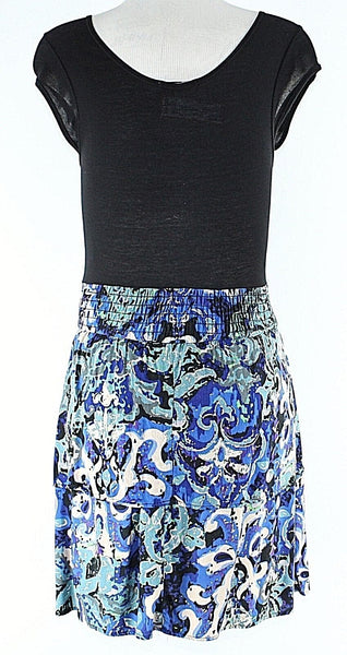 BeBop Sz M Black Blue Lime Multi Smocked Tiered Rayon Spandex Peplum Dress