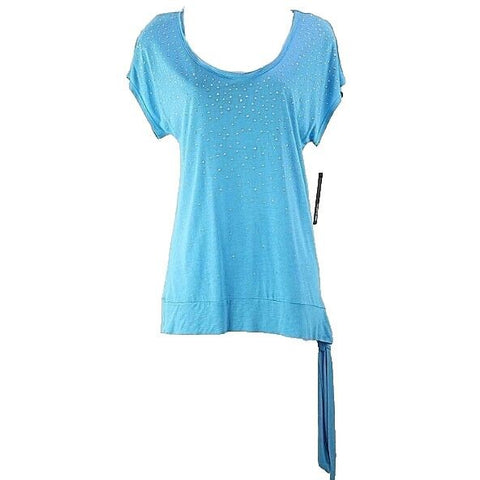 Apt.9 NEW $36 Sz S Aqua Rayon Silver Facet Studs Drop Shoulder Side Tie Top