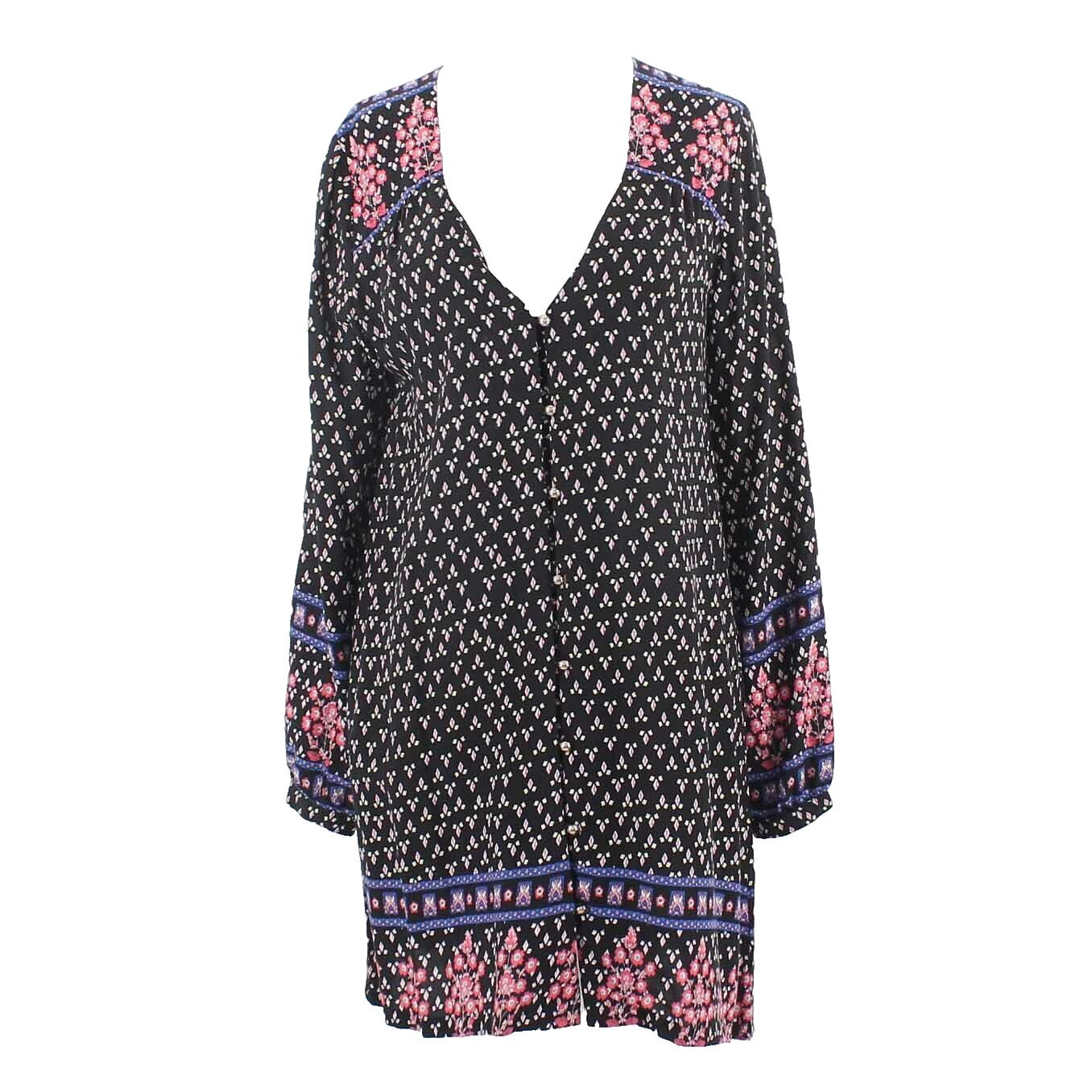 Boho Australia Sz S Black Pink Multi Button Front 100% Rayon Tunic Dress