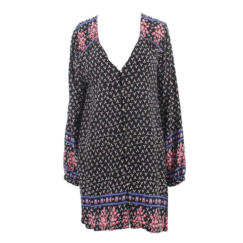 Boho Australia Sz S Black Pink Multi Button Front 100% Rayon Tunic Dress